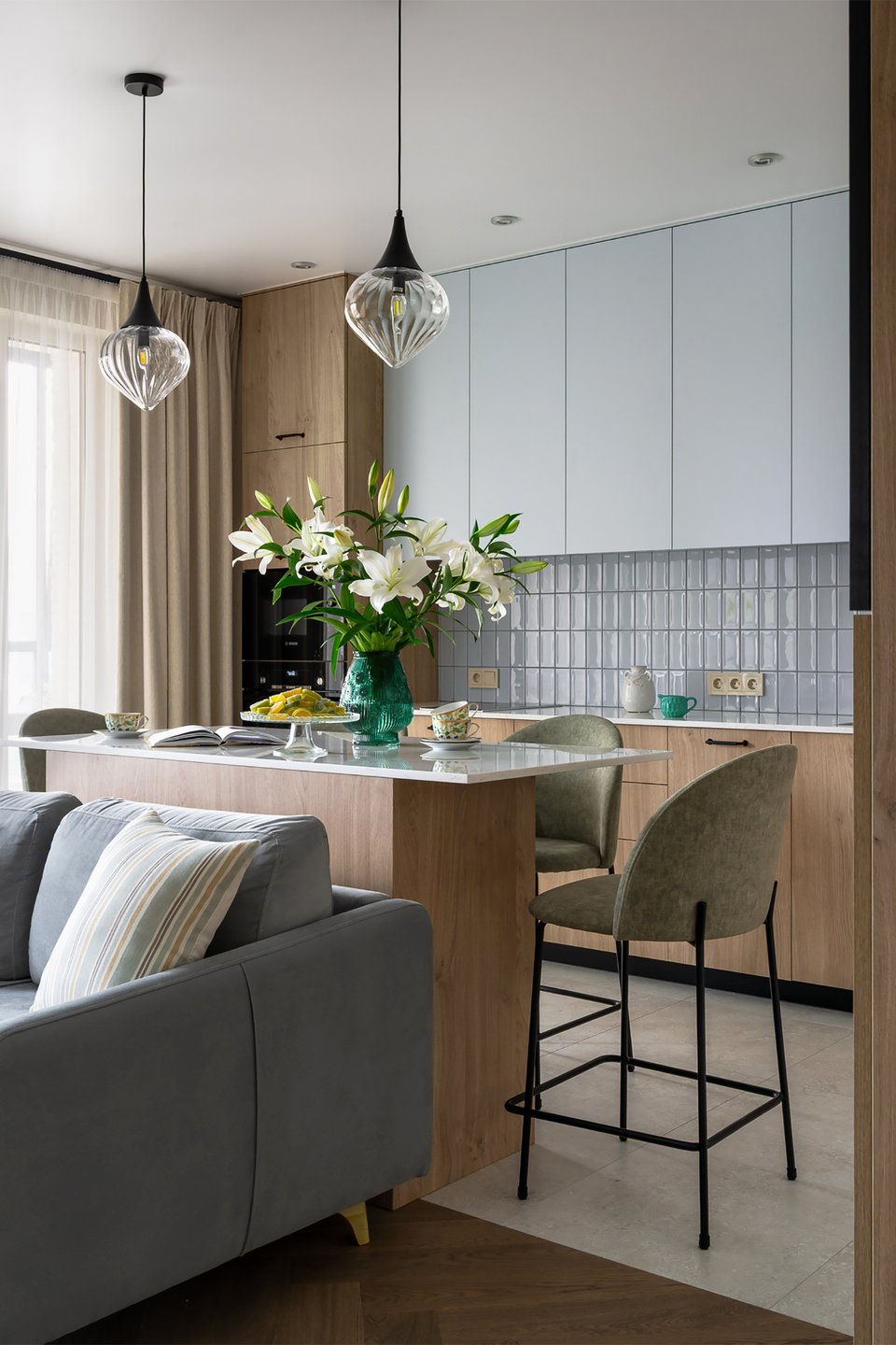 living room and open kitchen contemporary decor 39sqm studio with wooden partition