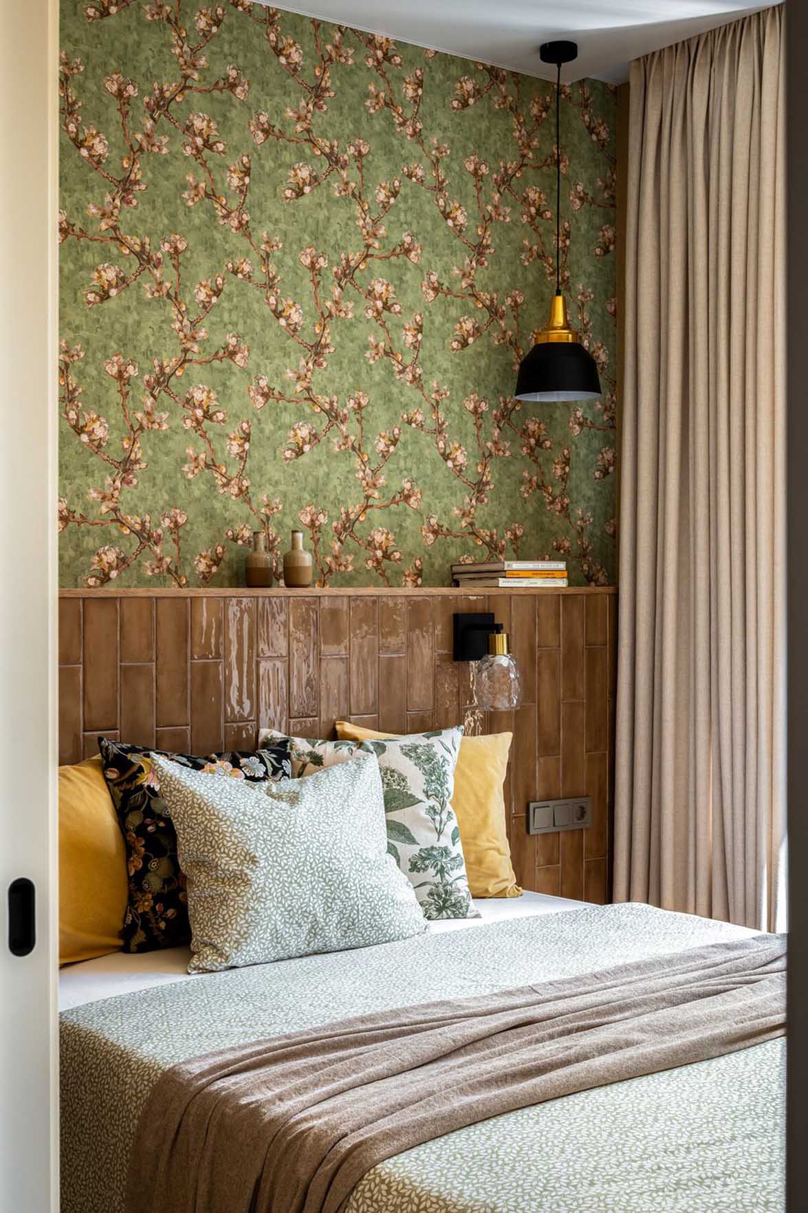 bedroom with green wallpaper and ceramic headboard contemporary decor 38sqm apartment bedroom with green wallpaper and ceramic headboard contemporary decor 38sqm apartment