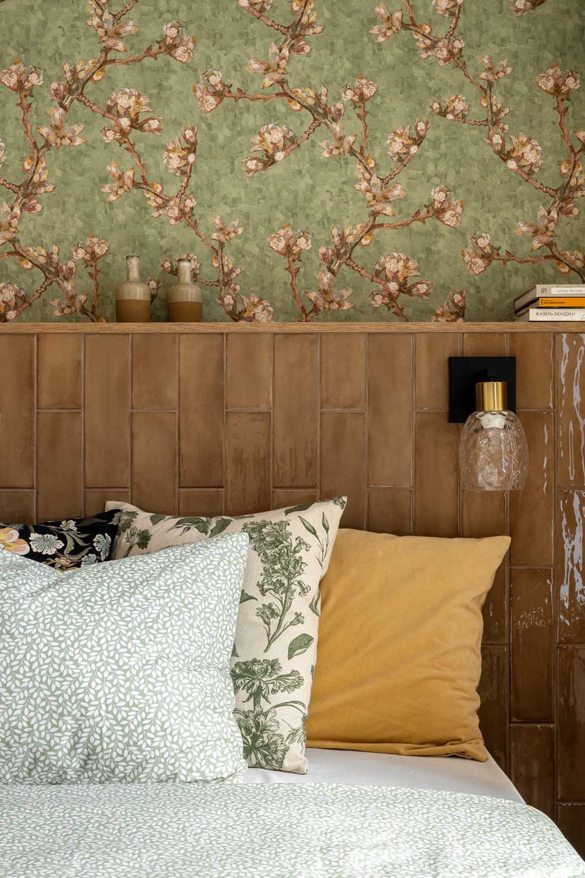 bedroom with green wallpaper and ceramic headboard contemporary decor 38sqm apartment bedroom with green wallpaper and ceramic headboard contemporary decor 38sqm apartment