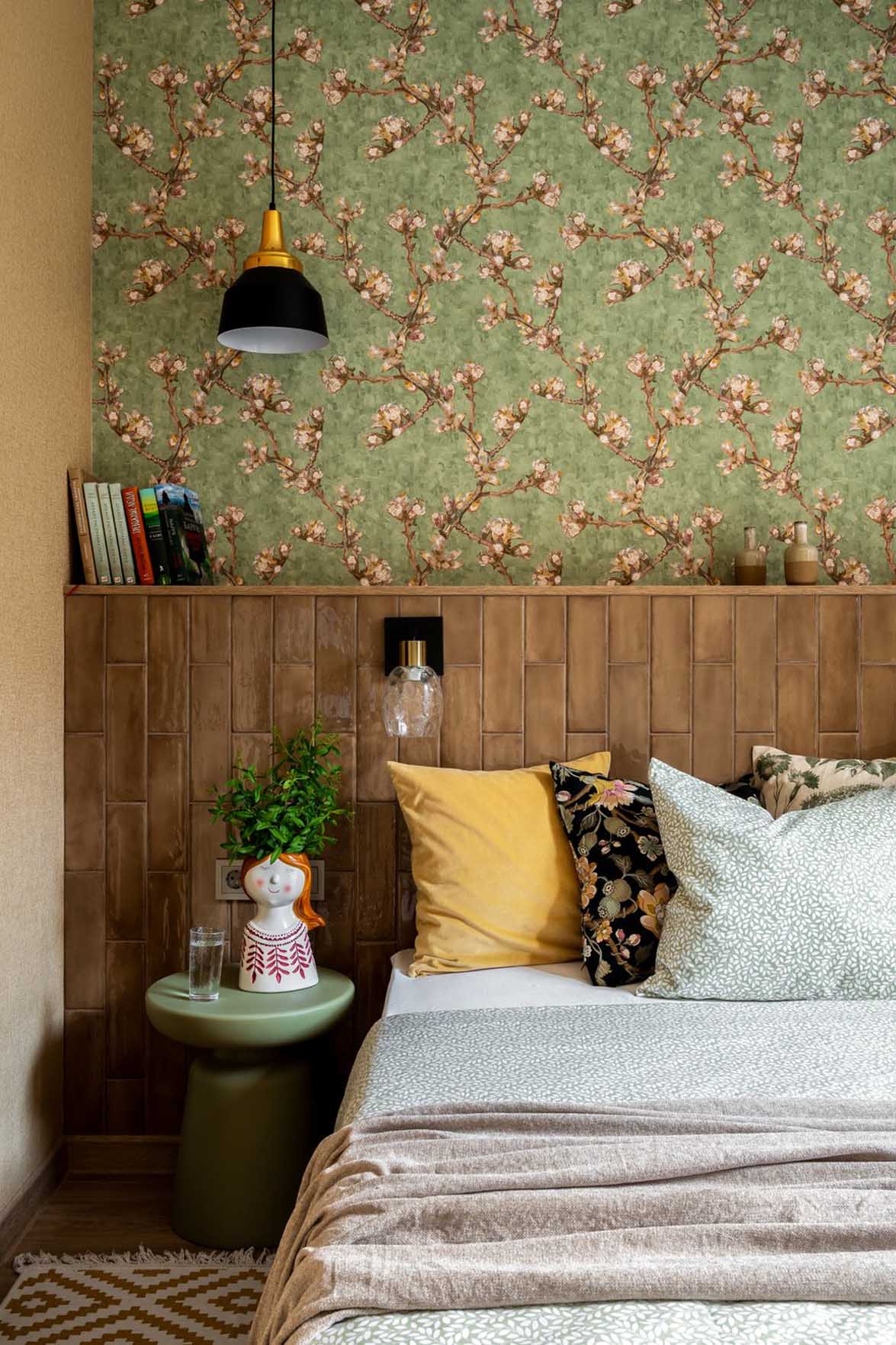 bedroom with green wallpaper and ceramic headboard contemporary decor 38sqm apartment bedroom with green wallpaper and ceramic headboard contemporary decor 38sqm apartment