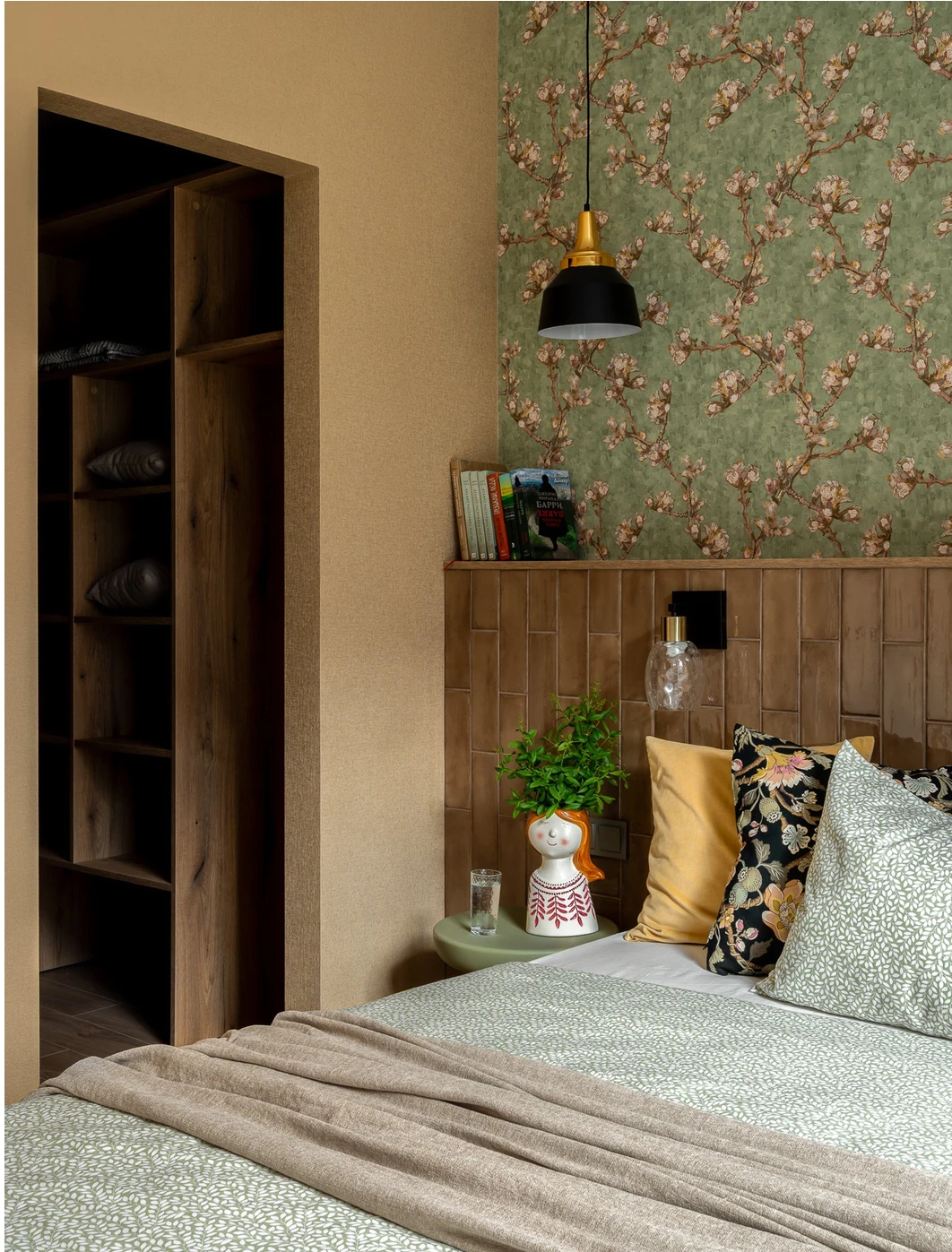 bedroom with green wallpaper and ceramic headboard contemporary decor 38sqm apartment bedroom with green wallpaper and ceramic headboard contemporary decor 38sqm apartment