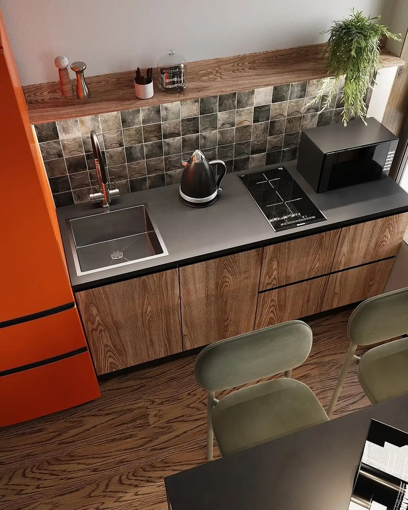 cuisine en bois plan de travail gris réfrigérateur orange