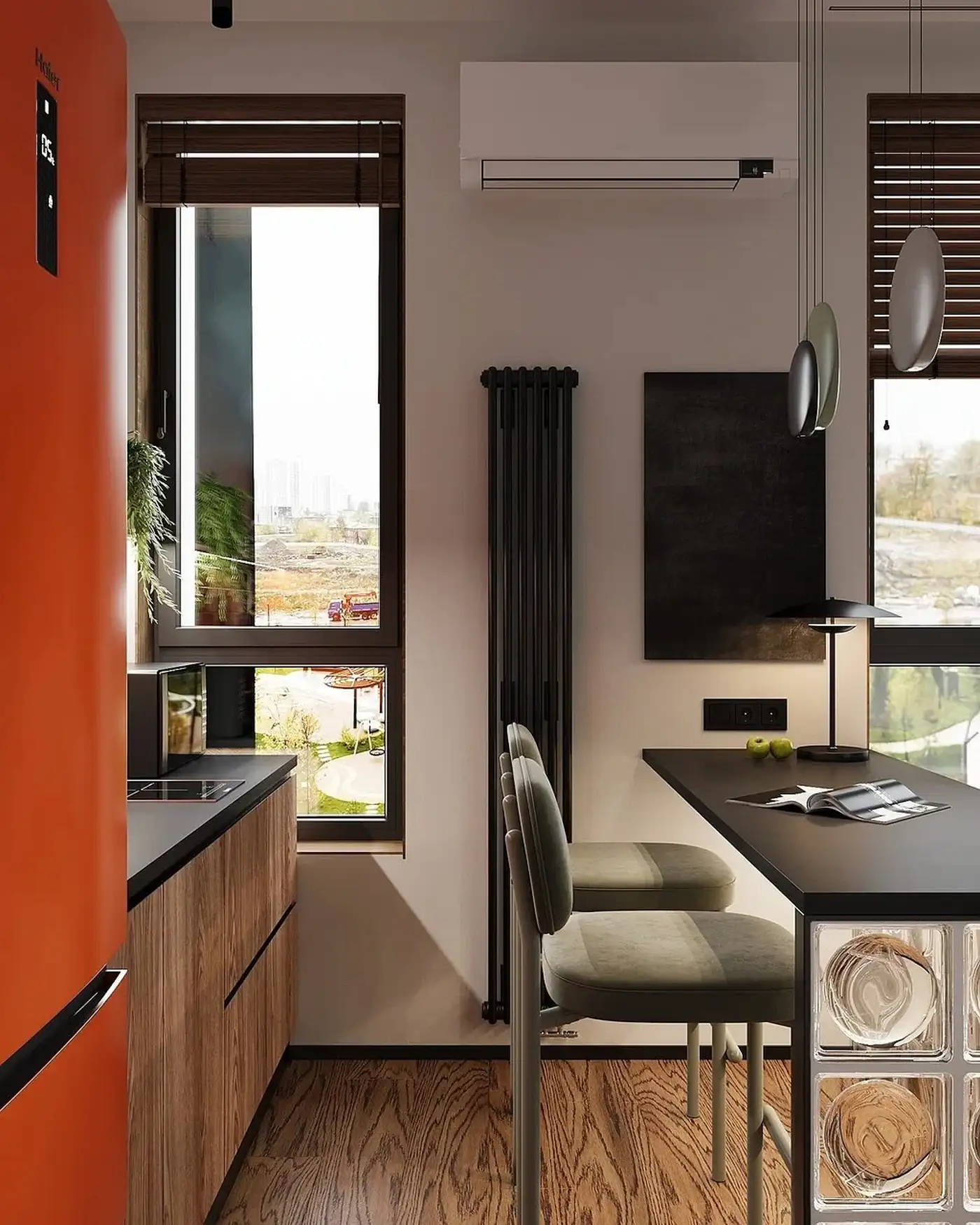 cuisine avec plan bar sur mesure pavés de verre