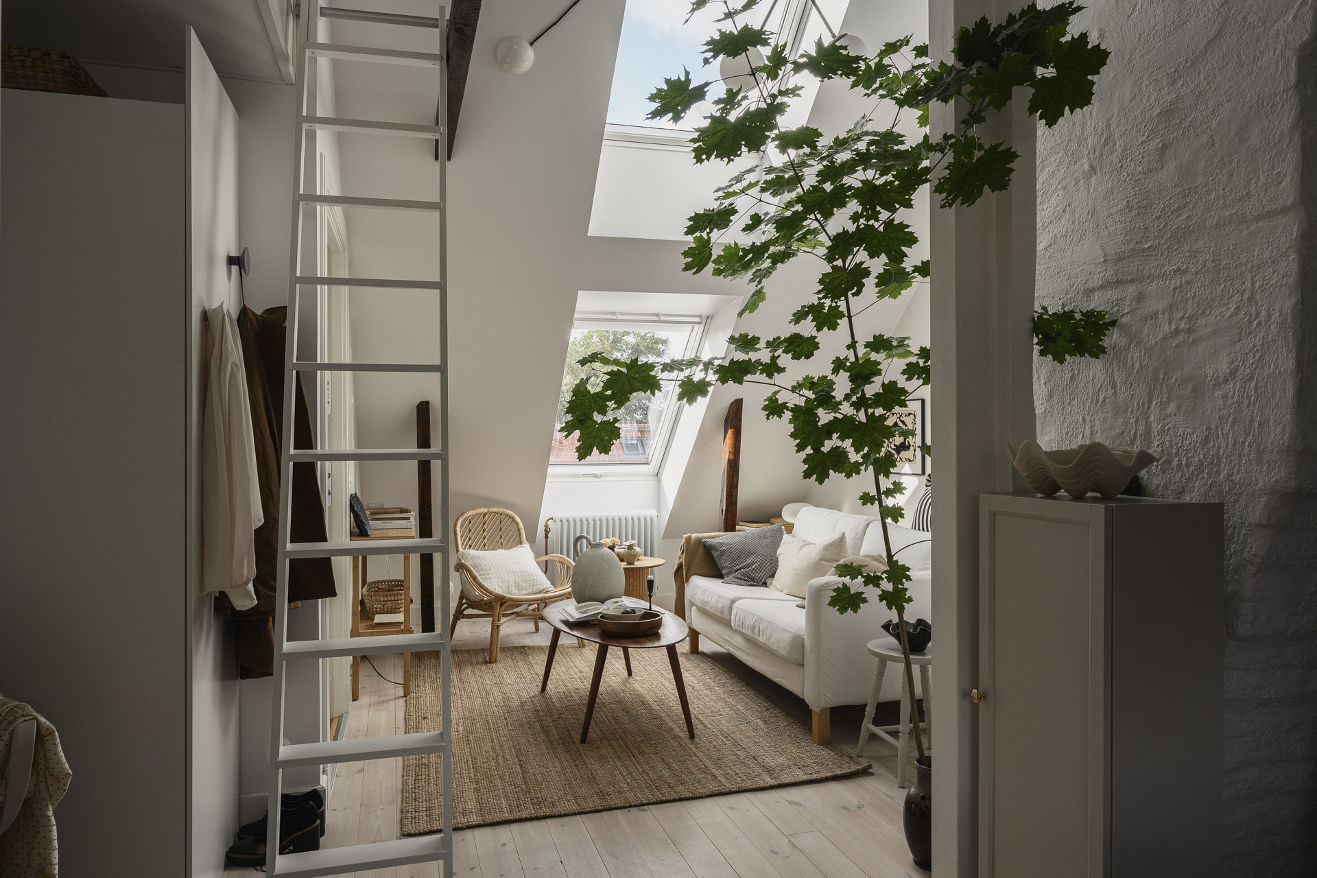 salon avec velux décoration scandinave studio mansardé 24m2 avec mezzanine