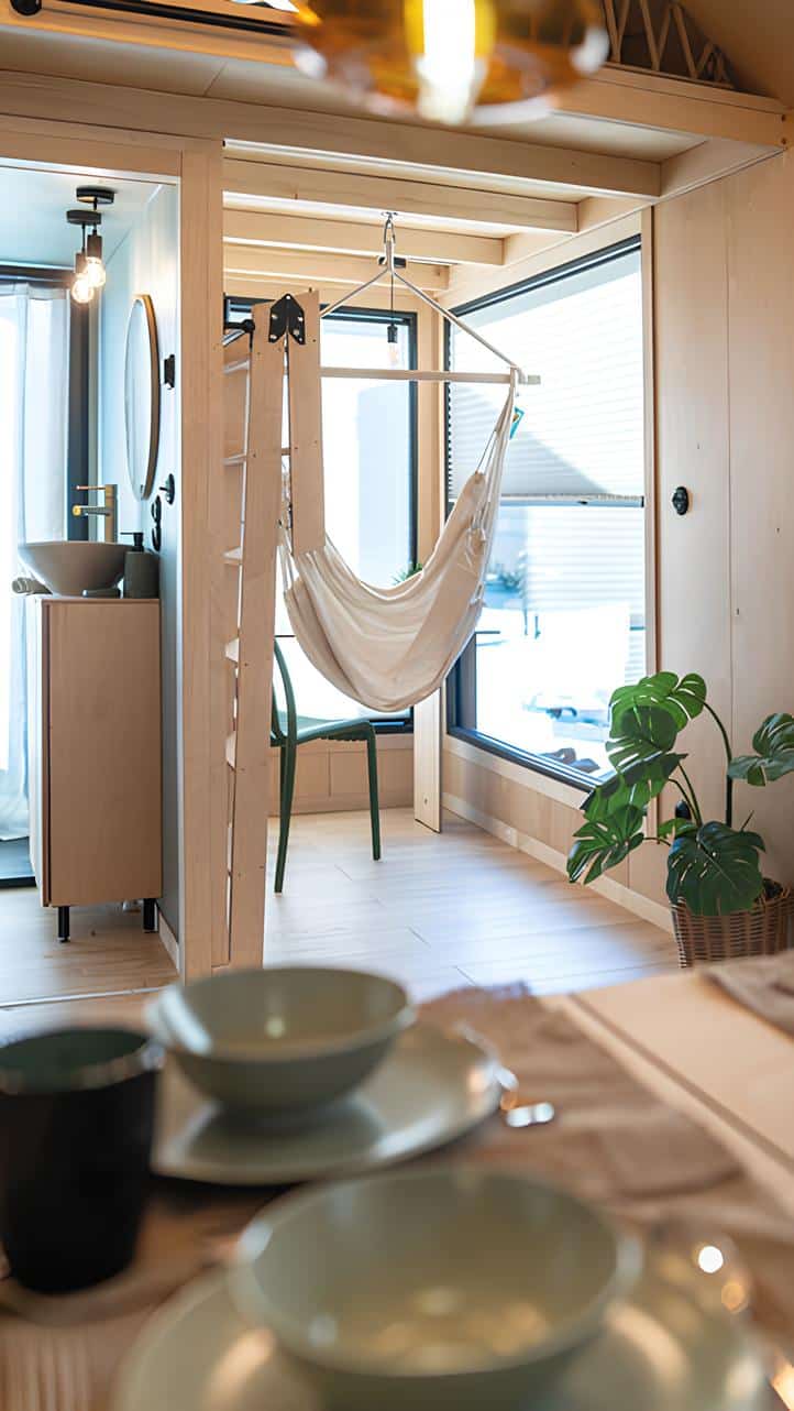 espace bureau avec hamac tiny house de 27m2 Julia Vagabond Haven