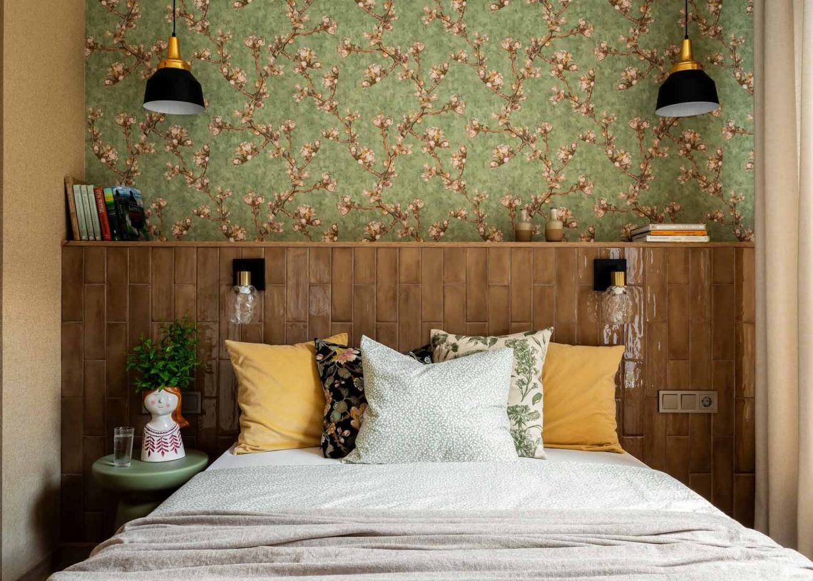bedroom with green wallpaper and ceramic headboard contemporary decor 38sqm apartment bedroom with green wallpaper and ceramic headboard contemporary decor 38sqm apartment