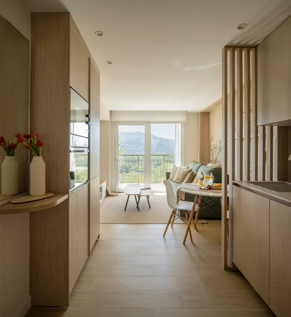 cuisine et salon avec baie vitrée petit appartement Espagne décoration contemporaine