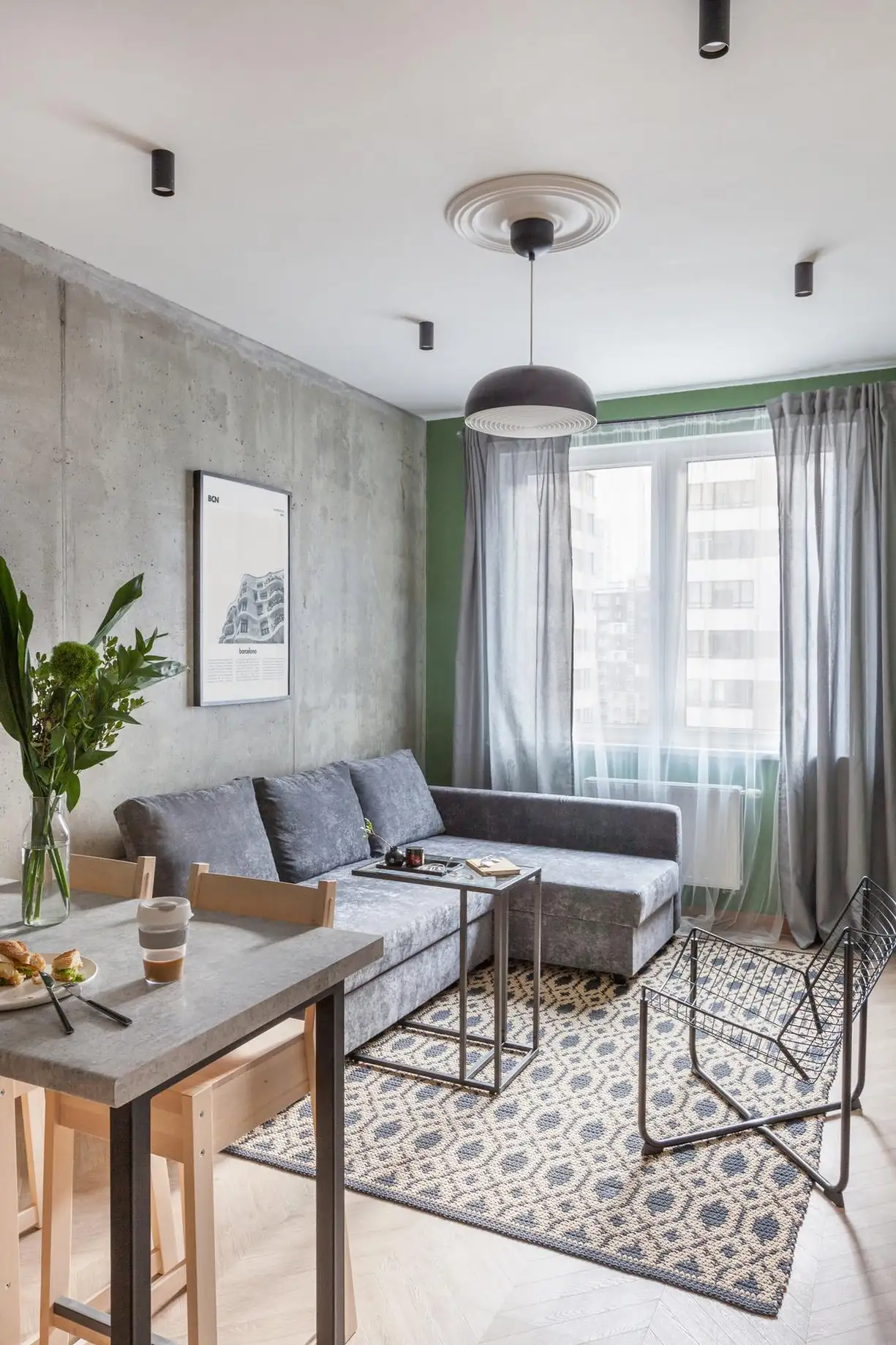 living room and concrete and Plywood modern kitchen in 45sqm apartment with a glass brick partition living room and concrete and Plywood modern kitchen in 45sqm apartment with a glass brick partition
