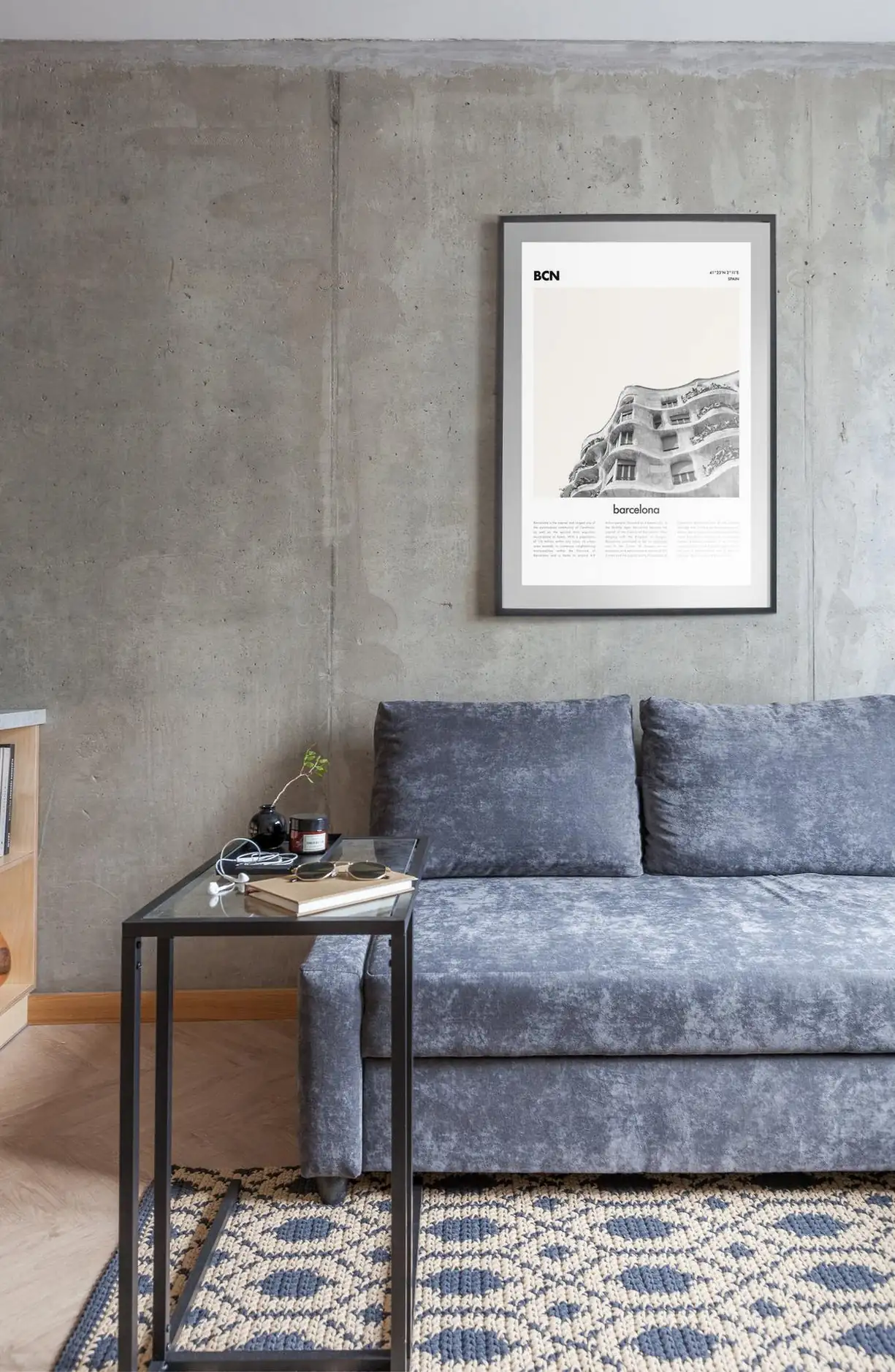 living room with concrete wall in 45sqm apartment with a glass brick partition living room with concrete wall in 45sqm apartment with a glass brick partition