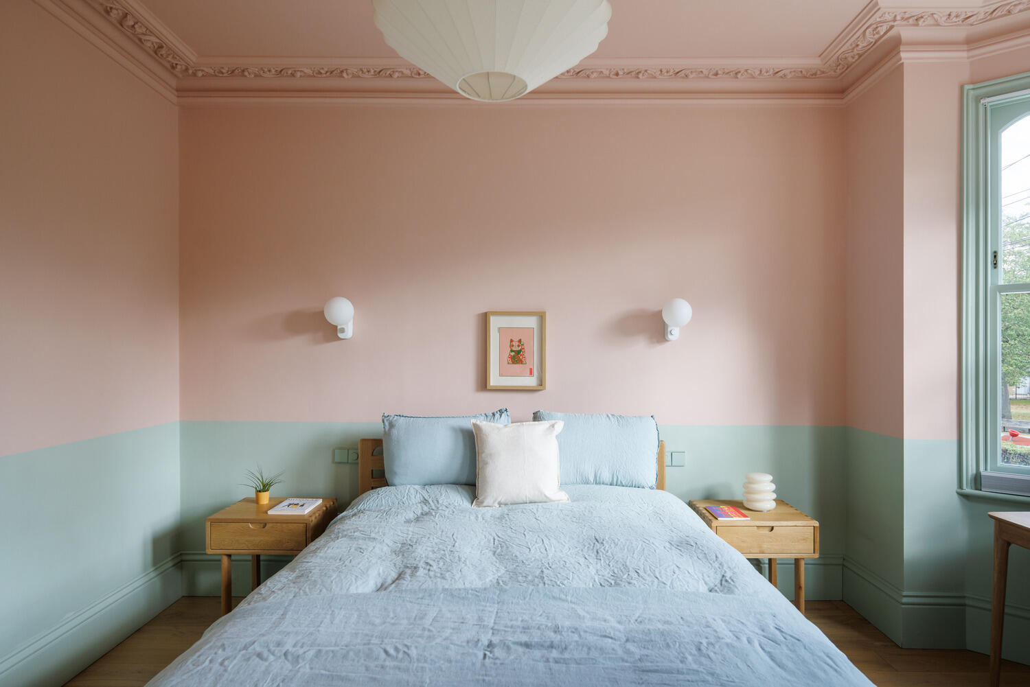 green and pink bedroom coloured decor Victorian house in London green and pink bedroom coloured decor Victorian house in London