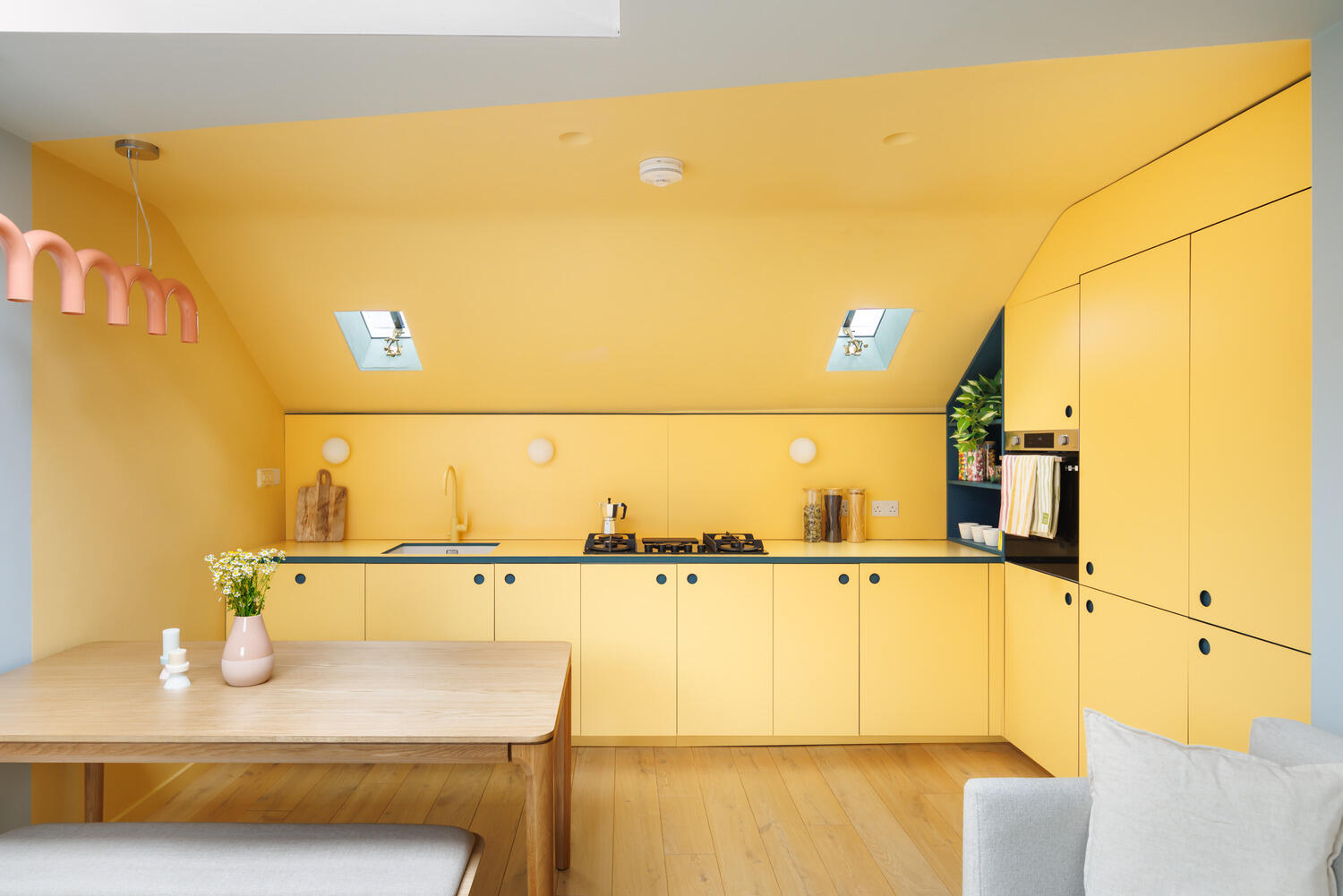 yellow and blue kitchen and living room coloured decor Victorian house in London yellow and blue kitchen and living room coloured decor Victorian house in London