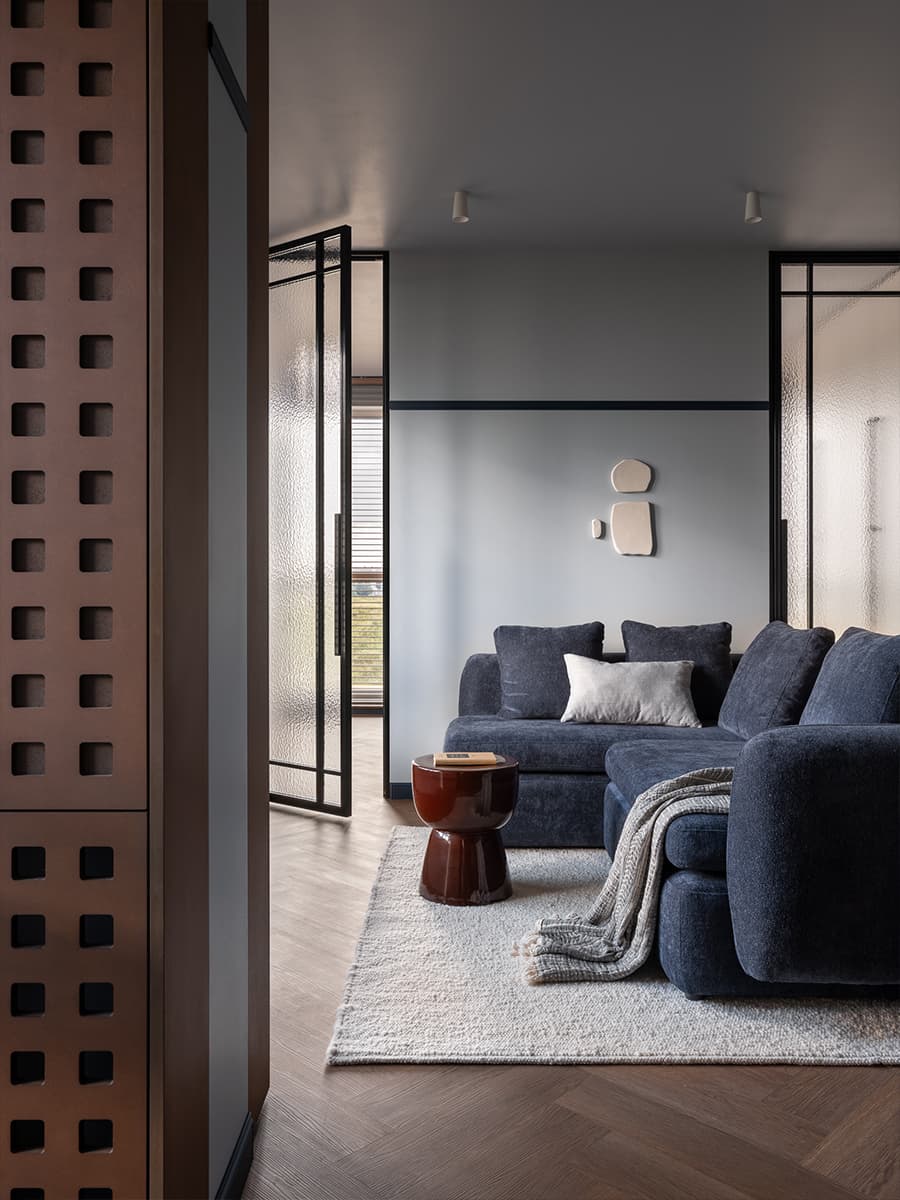 living room with blue sofa and glass doors 59sqm apartment contemporary decor living room with blue sofa and glass doors 59sqm apartment contemporary decor