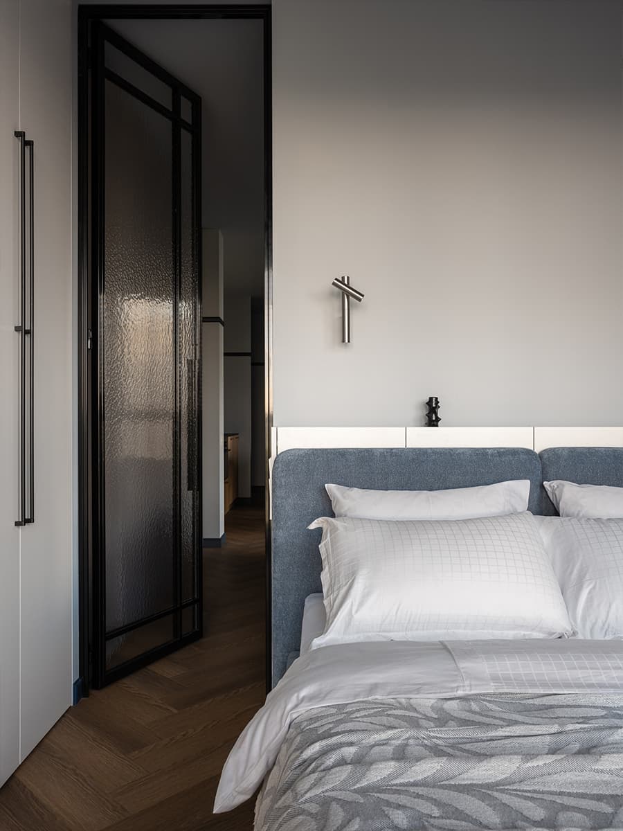 modern gray and wood bedroom with glass door modern gray and wood bedroom with glass door