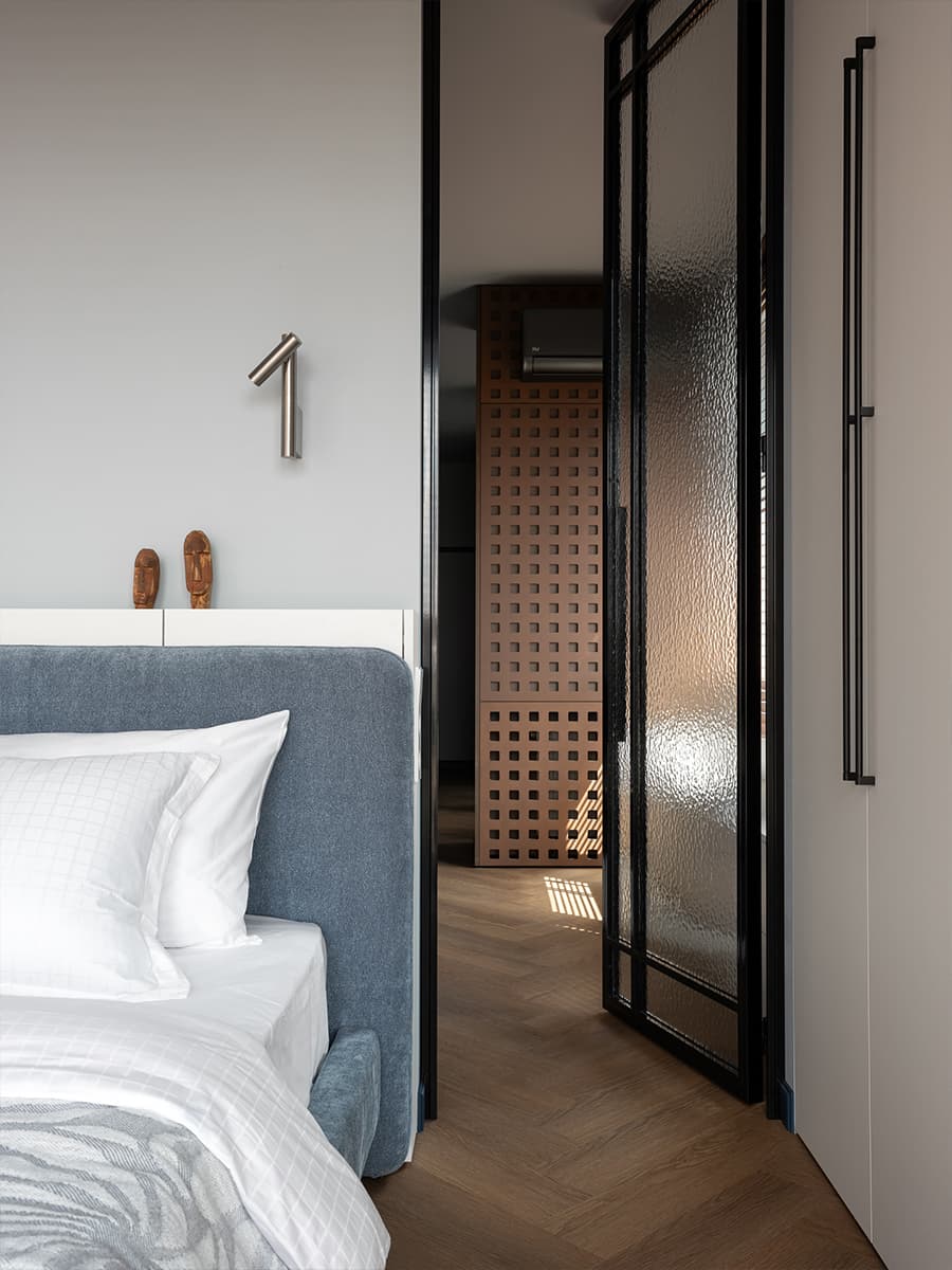 modern gray and wood bedroom with glass door modern gray and wood bedroom with glass door