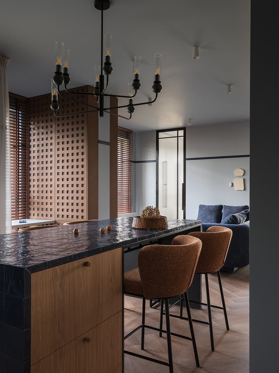 living room and open kitchen with zelliges island 59sqm apartment contemporary decor living room and open kitchen with zelliges island 59sqm apartment contemporary decor