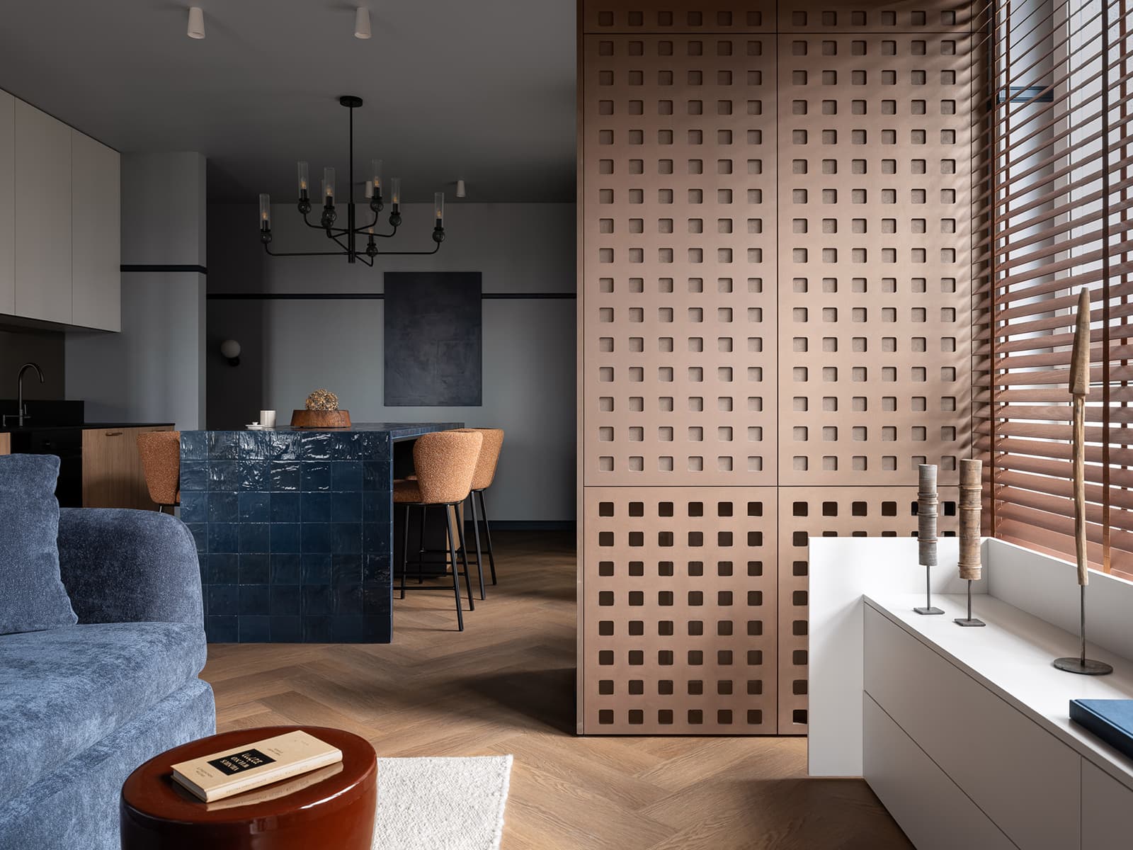 living room with blue sofa and open kitchen with zelliges island 59sqm apartment contemporary decor living room with blue sofa and open kitchen with zelliges island 59sqm apartment contemporary decor