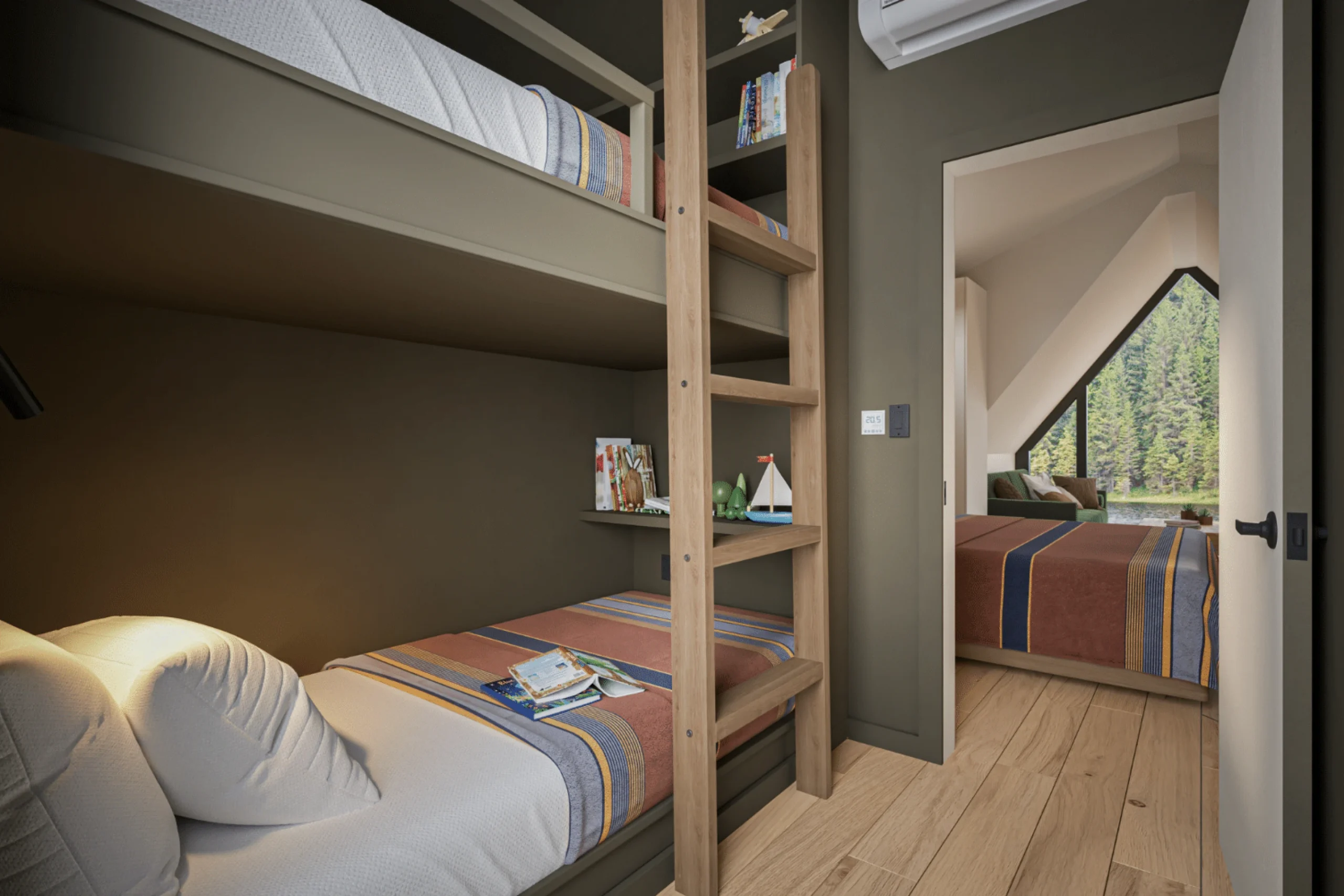 chambre avec lits superposés petite maison A-Frame 37m2 A-Frame Bunkhouse par Zook Cabins