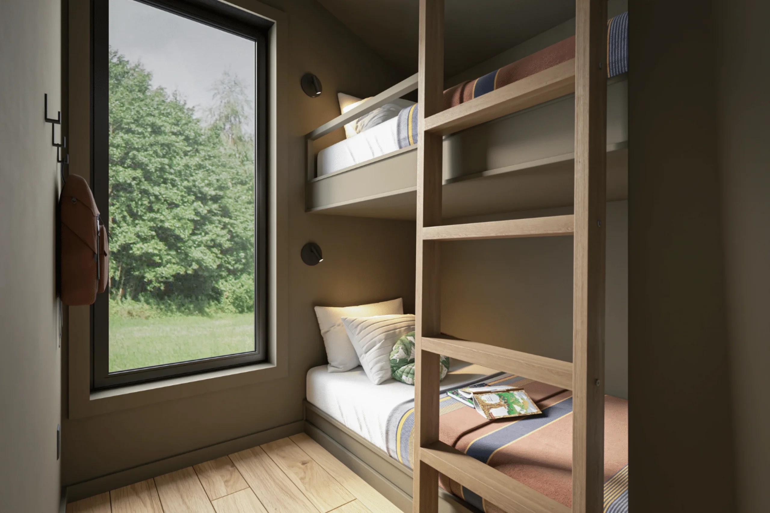 chambre avec lits superposés petite maison A-Frame 37m2 A-Frame Bunkhouse par Zook Cabins