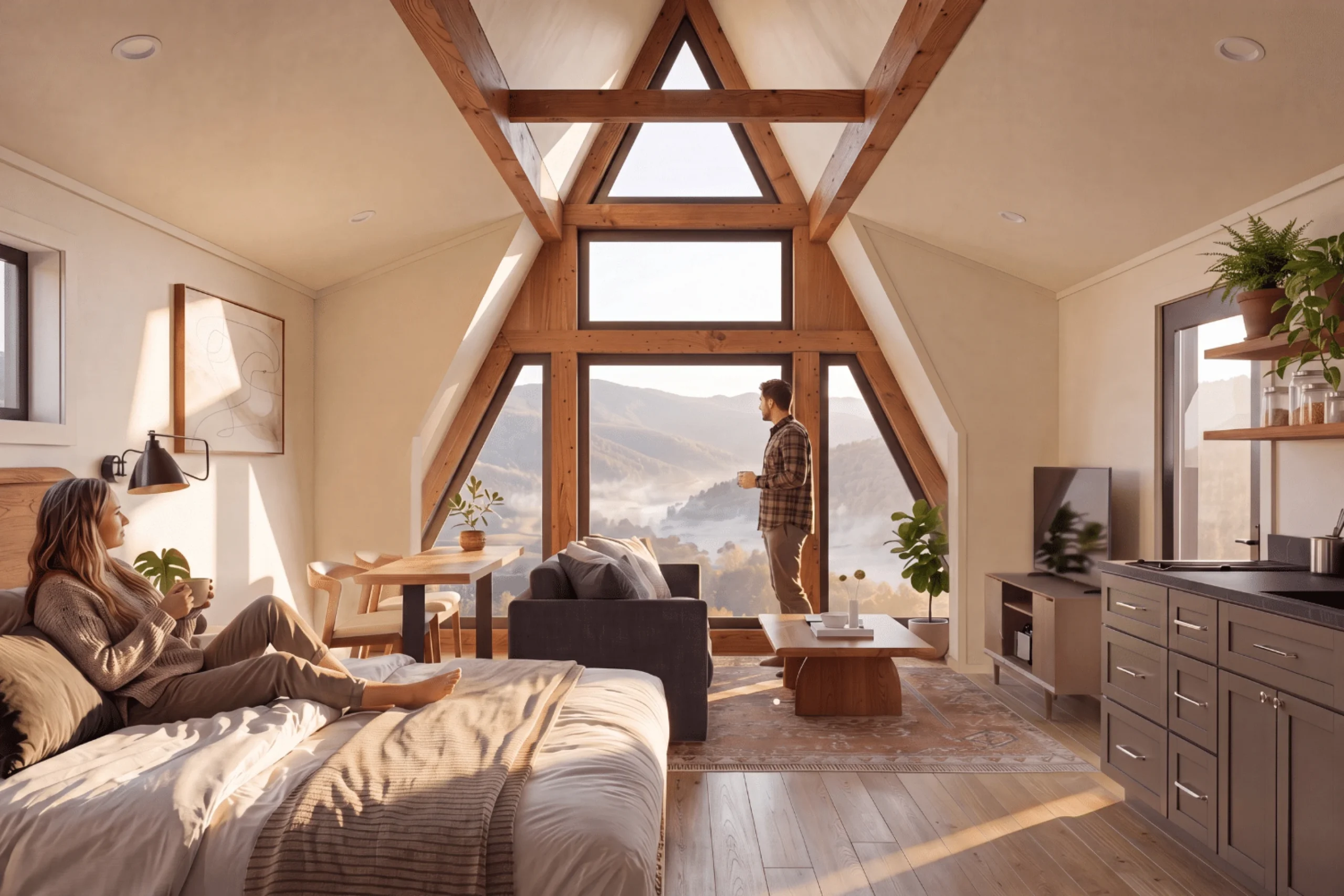 pièce de vie pignon vitré maison A-Frame de 43m2 par Zook pièce de vie pignon vitré maison A-Frame de 43m2 par Zook