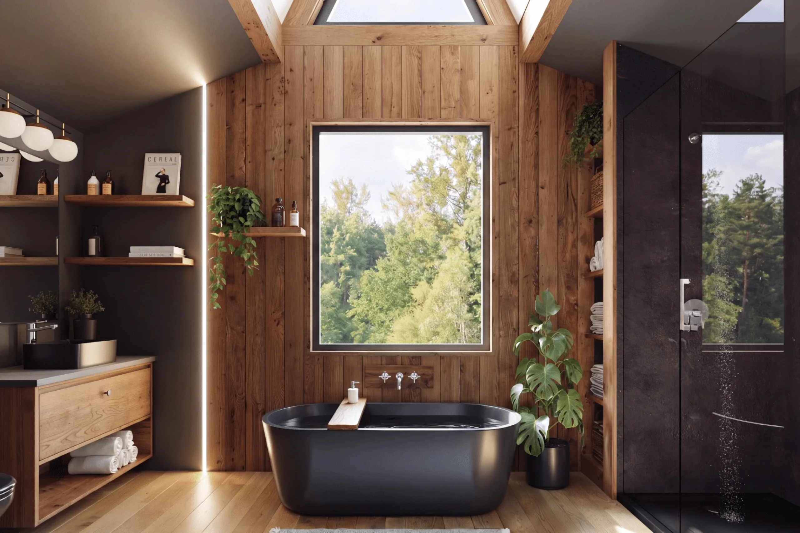 grande salle de bain design bois et noir maison A-Frame de 43m2 par Zook grande salle de bain design bois et noir maison A-Frame de 43m2 par Zook