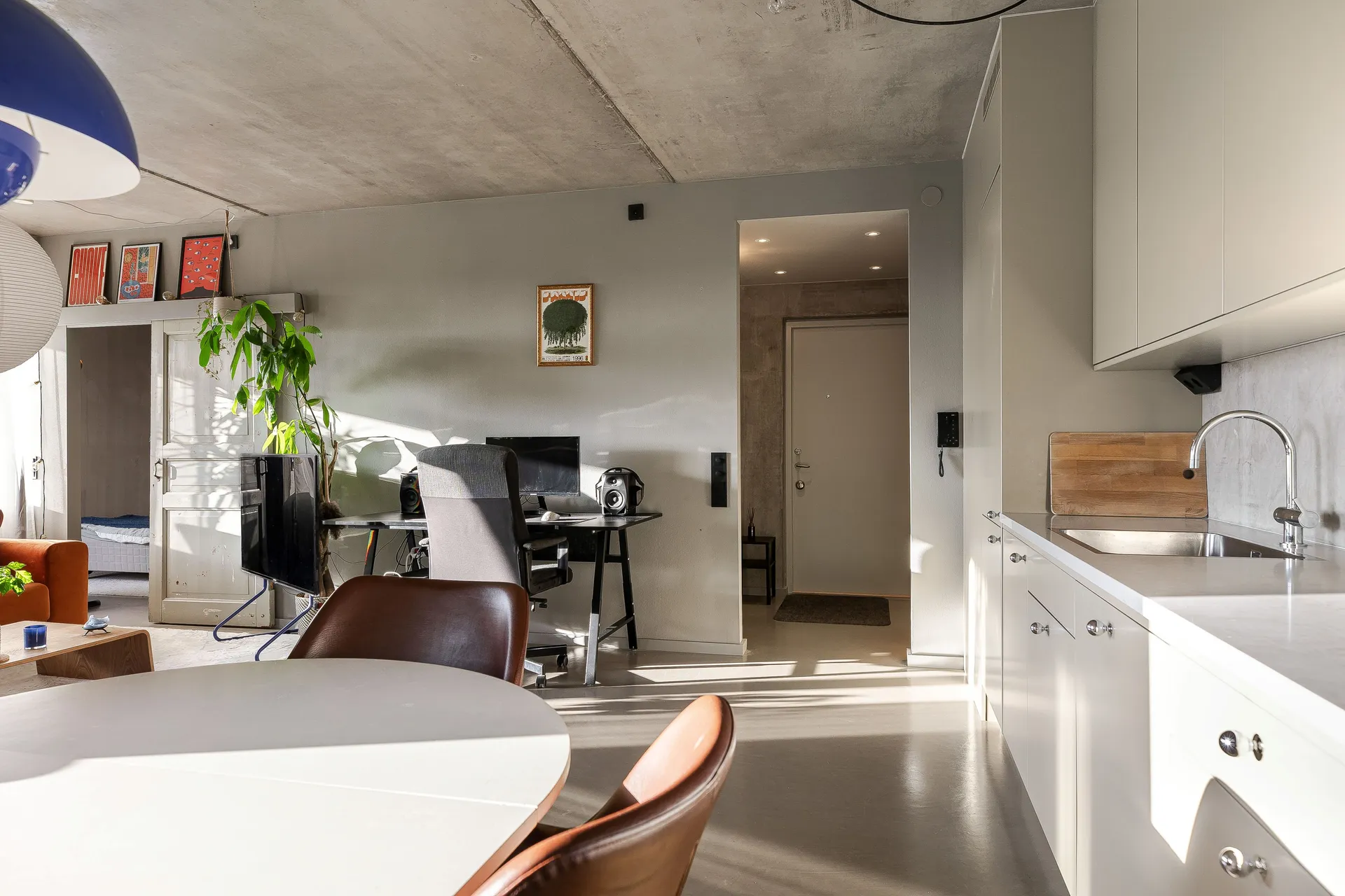 open white kitchen dining room and living room with concrete floor walls and ceiling 48sqm two-room apartment Scandinavian decor open white kitchen dining room and living room with concrete floor walls and ceiling 48sqm two-room apartment Scandinavian decor