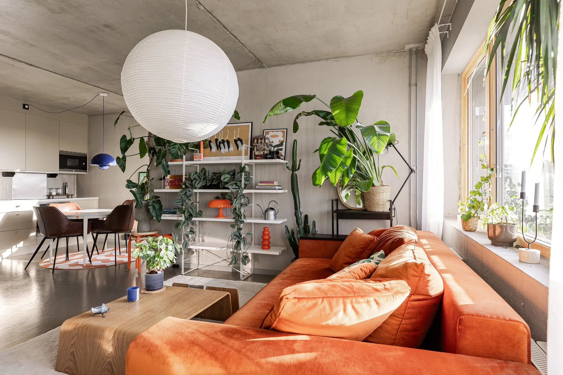 open white kitchen dining room and living room with concrete floor walls and ceiling 48sqm two-room apartment Scandinavian decor open white kitchen dining room and living room with concrete floor walls and ceiling 48sqm two-room apartment Scandinavian decor