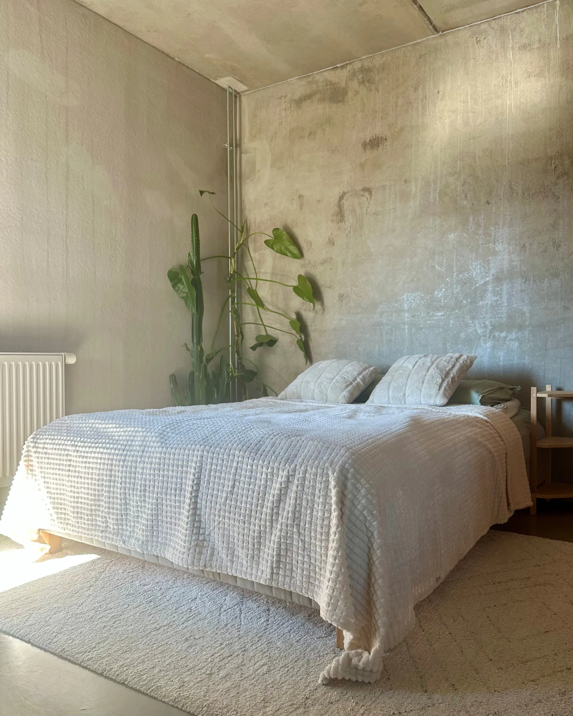 bedroom with concrete floor ceiling and walls bedroom with concrete floor ceiling and walls