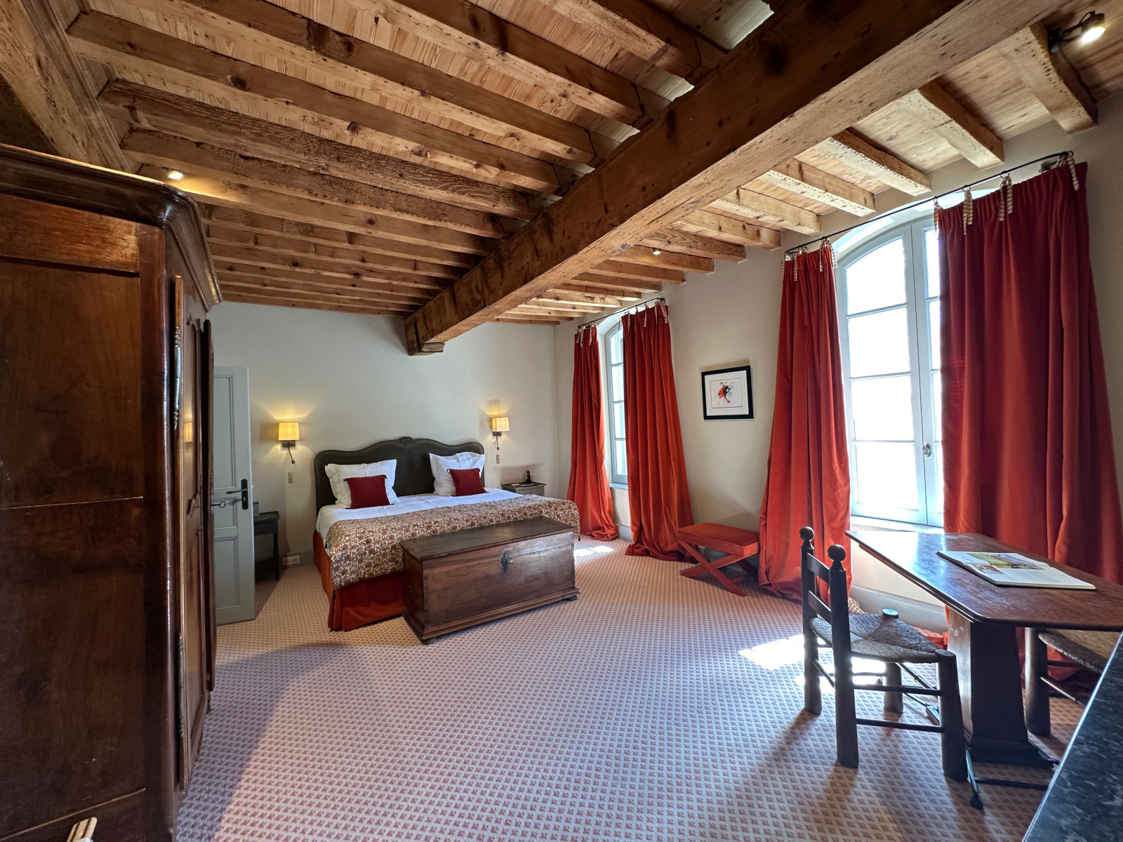 bedroom with beams rustic chic decor Mas de Peint Camargue France bedroom with beams rustic chic decor Mas de Peint Camargue France