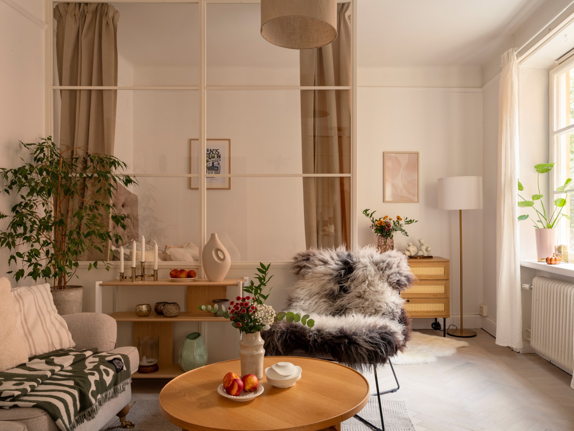 salon avec verrière blanche légère pour espace chambre décoration scandinave studio 37m2