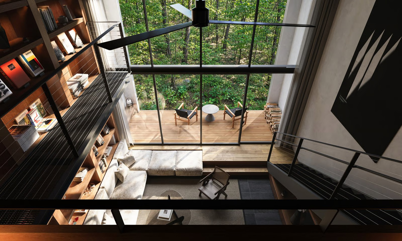 salon double hauteur avec pignon vitré décoration contemporaine maison préfabriquée POD par NOT A HOUSE
