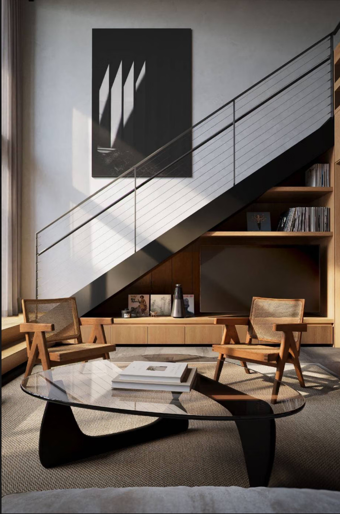 escalier métal design noir dans salon double hauteur